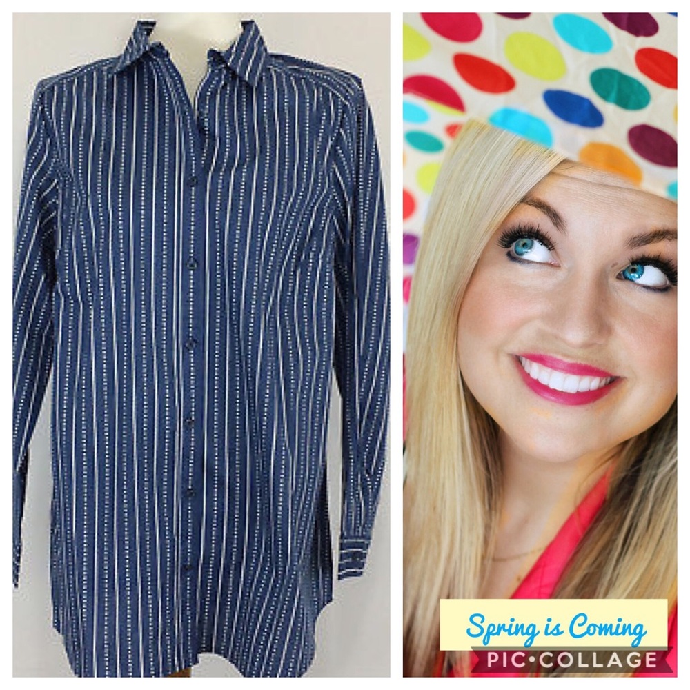 Button Down Shirt Sz 16W Navy With White Striped